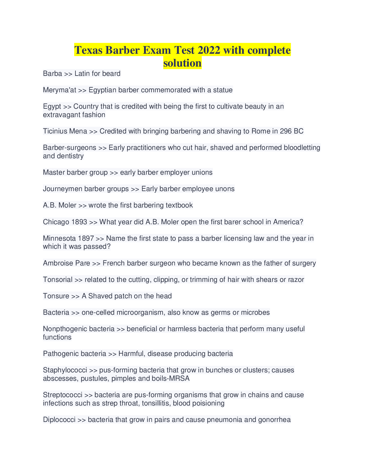 Preview image for Texas Barber Exam Test 2022 with complete solution